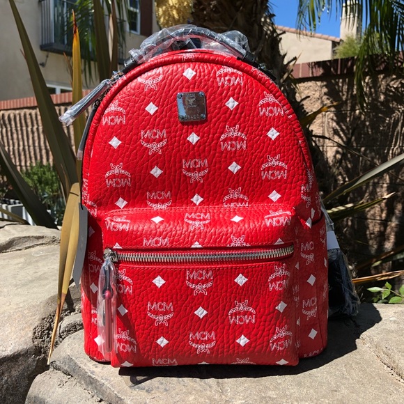 MCM Handbags - MCM red small backpack white logo